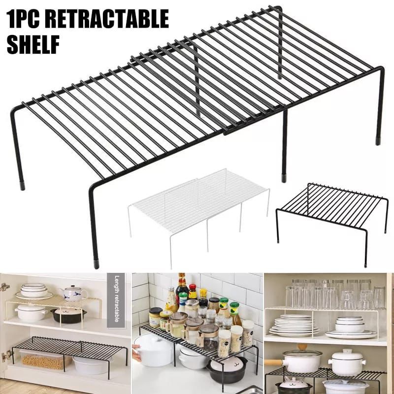 Metallic kitchen expandable shelf raise/organzer...Multipurpose organizer,flexible to use,...size 32cm [expandable to 57cm]Height 14.5cm and Width 24.3cm