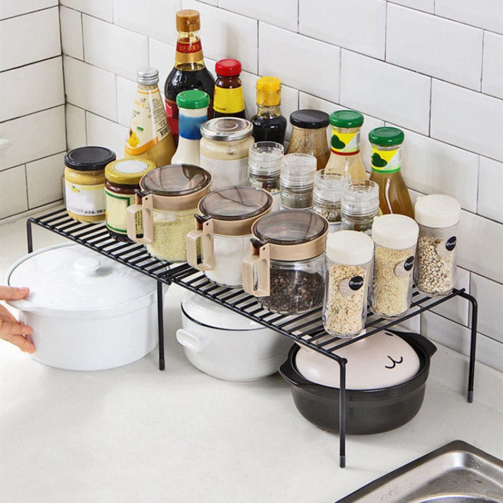 Metallic kitchen expandable shelf raise/organzer...Multipurpose organizer,flexible to use,...size 32cm [expandable to 57cm]Height 14.5cm and Width 24.3cm