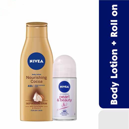 Nivea Nourishing Cocoa Body Lotion 500ml, Pearl & Beauty Roll On 50ml