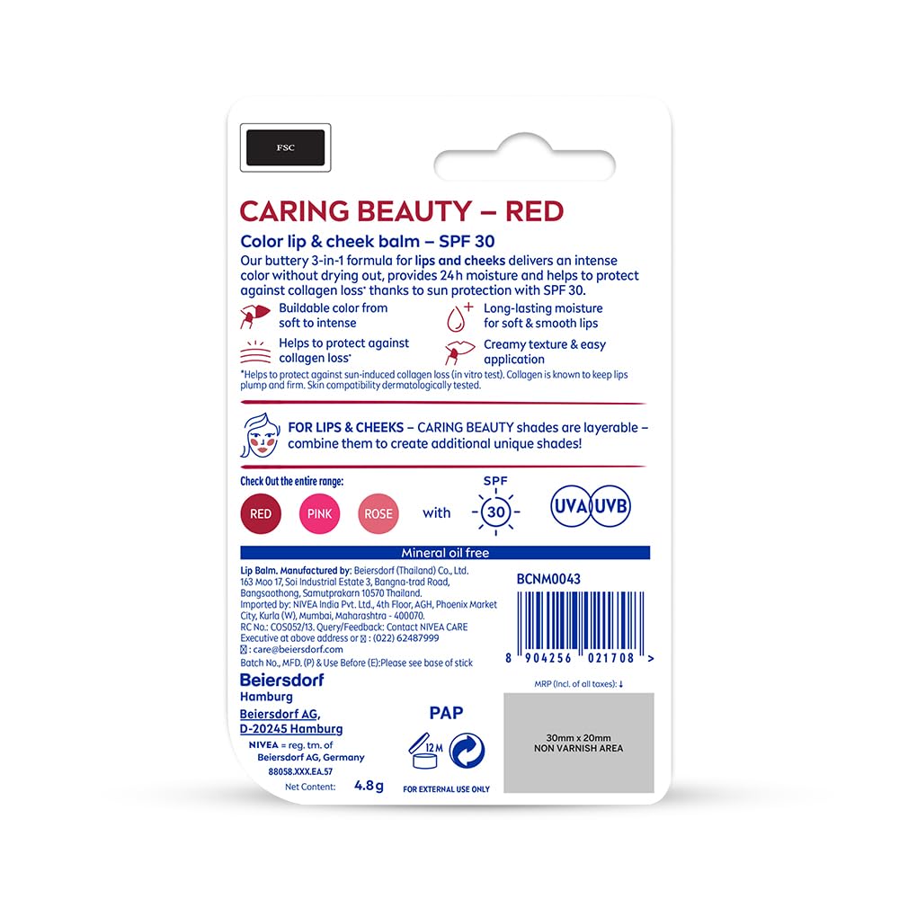 Nivea Lip Caring Beauty Red Lip Balm  Lip & Cheek Tint with SPF 30