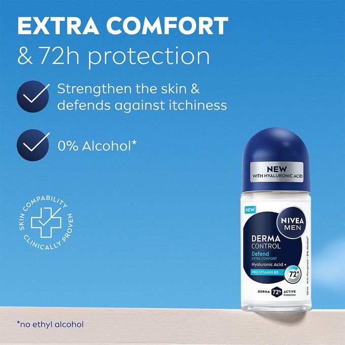 NIVEA MEN Derma Control Defend Anti-Perspirant Roll-on For Men, 72h – 50ml (Pack of 2)