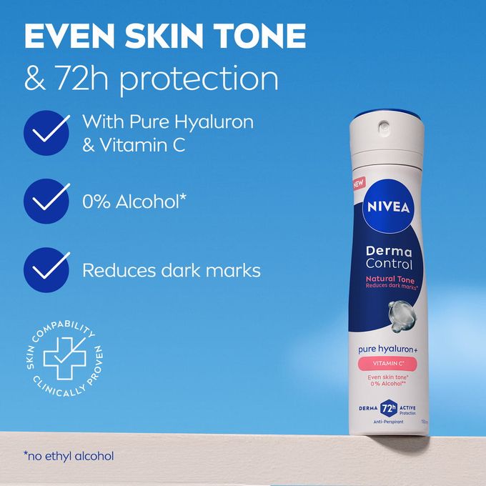 NIVEA Derma Control Natural Tone Anti-Perspirant Spray For Women, 72h– 150ml(Pack of 2)