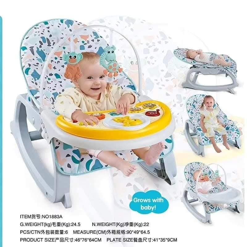 3-1 infant to toddler baby rocking chair with removeable front tray for feeding and removeable toy....Grows with baby from newborn to toddler