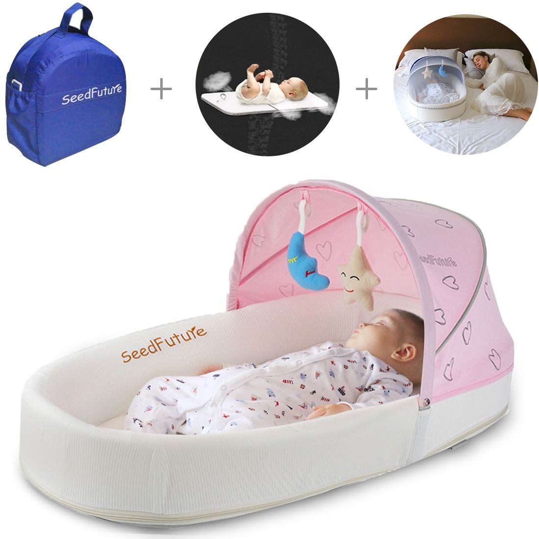 High quality seedfuture Lounger baby portable bed...it consist of bed sarrounding,a matress,a Tent, a Mosquito net,2pcs Dolls,a Storage bag attached to the matress