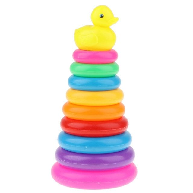 Cute Yellow Toy Duck Rainbow Colour Stacking Rings Tower Toy
