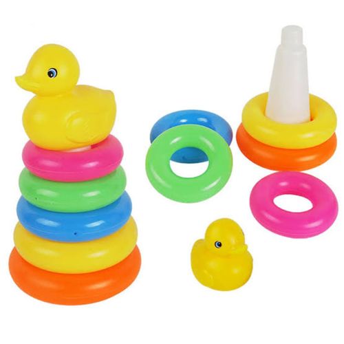 Cute Yellow Toy Duck Rainbow Colour Stacking Rings Tower Toy