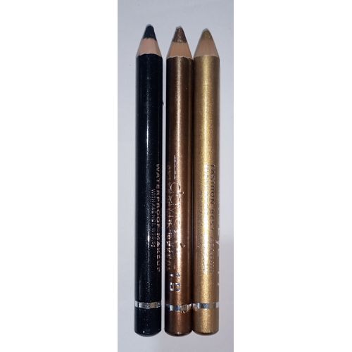 3Pcs Shiny Davis Jumbo Eye Liner & Lip Liner Pencils Black, Brown + Gold