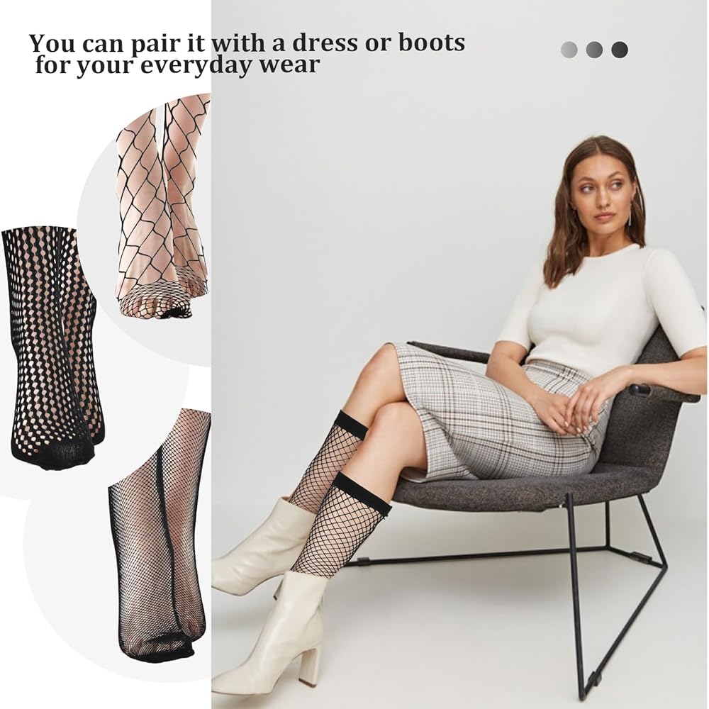 1 Pair Women's Fishnet Knee High Socks, Hollow Out Calf Socks Sheer Mesh Net Trouser Socks Black Lace Socks Elastic Fishnet Knee Stockings for Women Girls