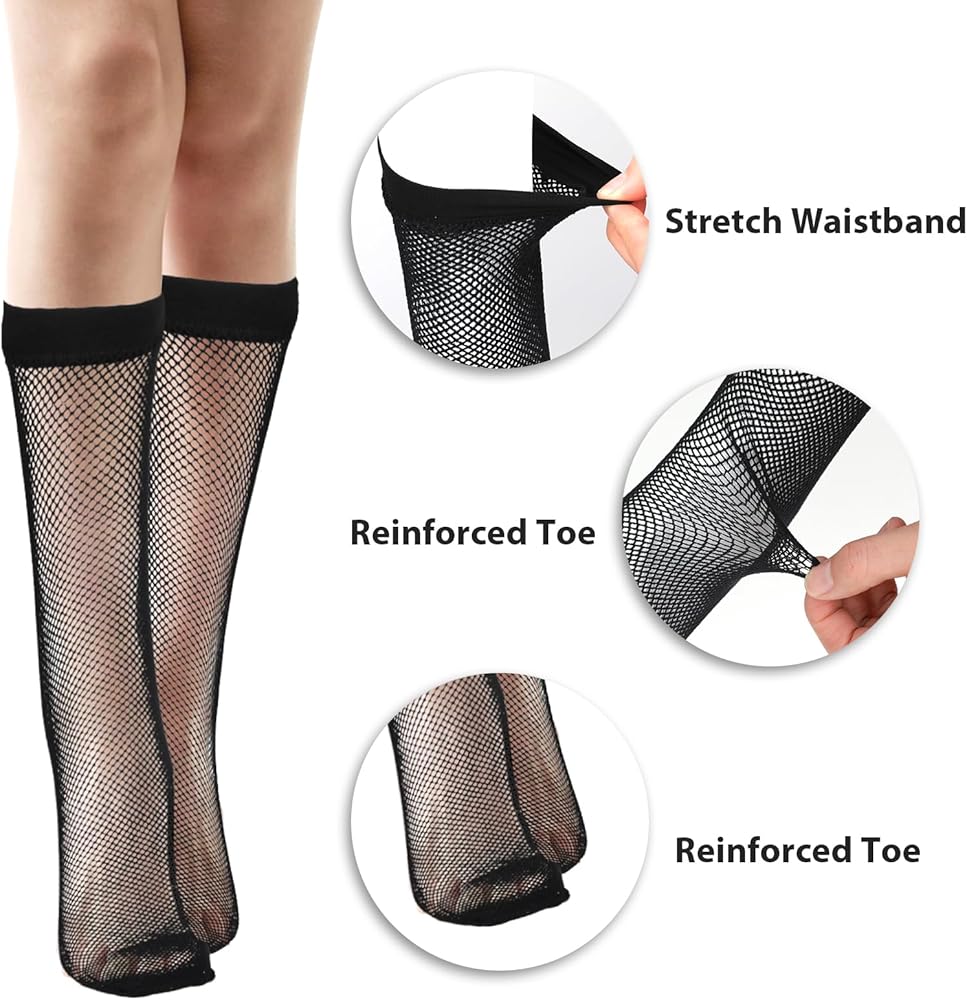 1 Pair Women's Fishnet Knee High Socks, Hollow Out Calf Socks Sheer Mesh Net Trouser Socks Black Lace Socks Elastic Fishnet Knee Stockings for Women Girls