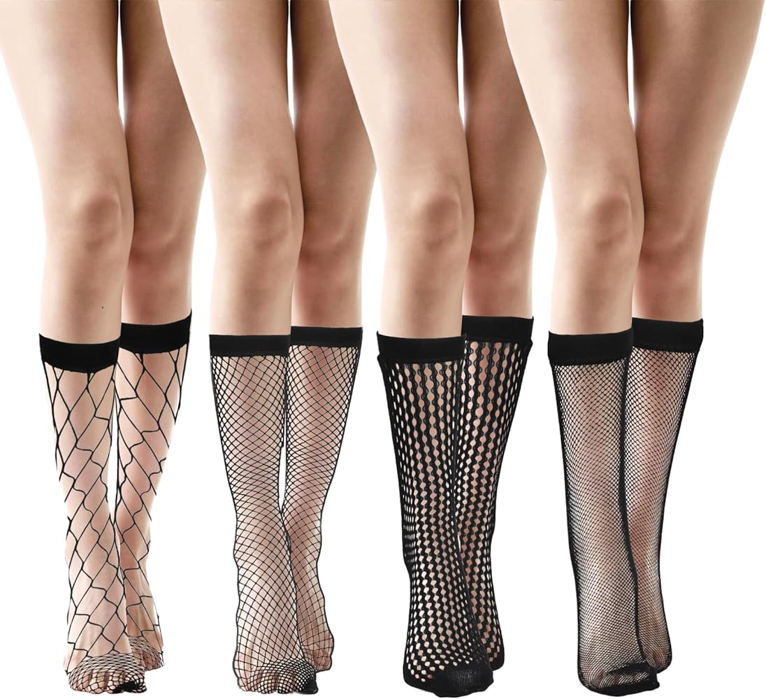 1 Pair Women's Fishnet Knee High Socks, Hollow Out Calf Socks Sheer Mesh Net Trouser Socks Black Lace Socks Elastic Fishnet Knee Stockings for Women Girls