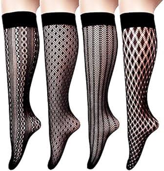 1 Pair Women's Fishnet Knee High Socks, Hollow Out Calf Socks Sheer Mesh Net Trouser Socks Black Lace Socks Elastic Fishnet Knee Stockings for Women Girls