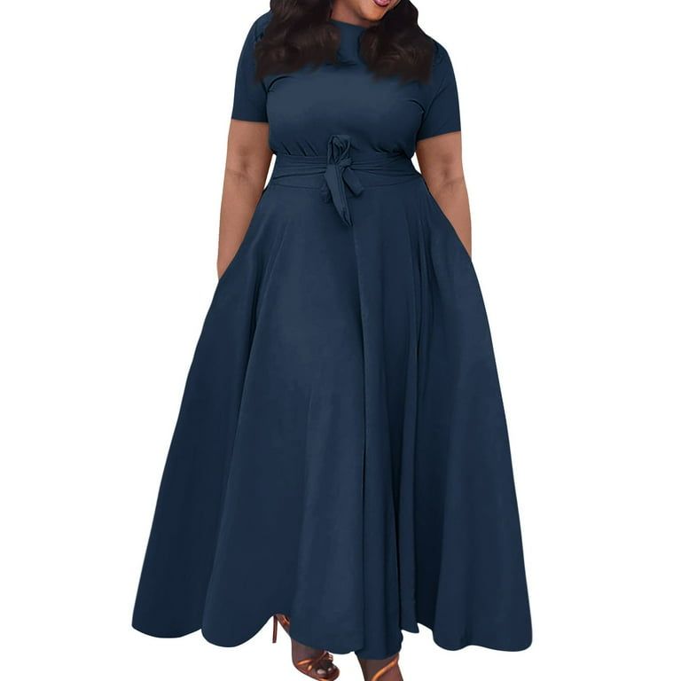 Classy Maxi Dress Adjustable Sloping Neck Tie Waist Slim Fit Midi Dress A shaped for Women - Navy Blue