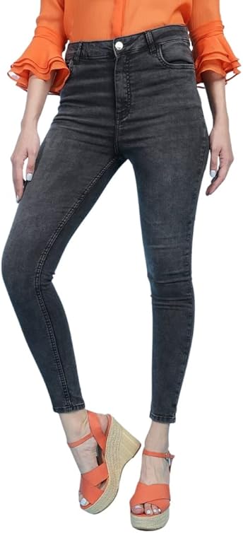 Women Skinny Jeans Distressed High Elastic Women Jeans Button Zipper Cuff High Waist Cargo Jeans Streetwear - Black/Dark Gray