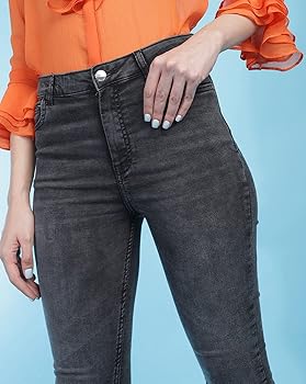 Women Skinny Jeans Distressed High Elastic Women Jeans Button Zipper Cuff High Waist Cargo Jeans Streetwear - Black/Dark Gray