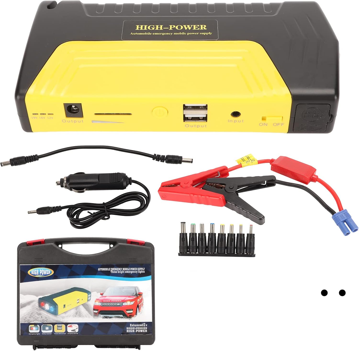 New Universal Car Battery Charger, 12V 600A 20000mAh Emergency Car Battery Jump Starter with Tyre Inflator & LED Light - Laptop & Phone Charger
