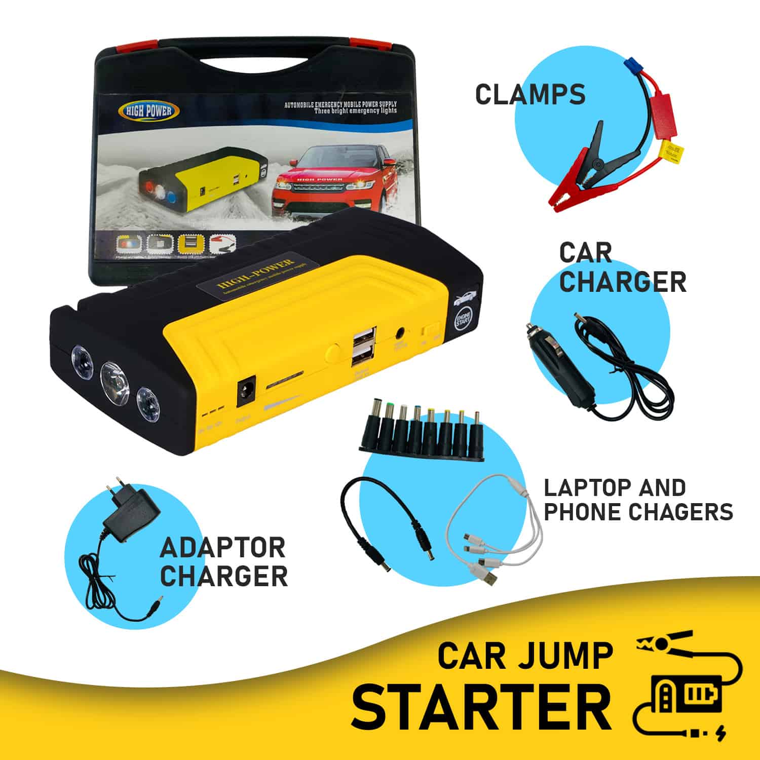 New Universal Car Battery Charger, 12V 600A 20000mAh Emergency Car Battery Jump Starter with Tyre Inflator & LED Light - Laptop & Phone Charger