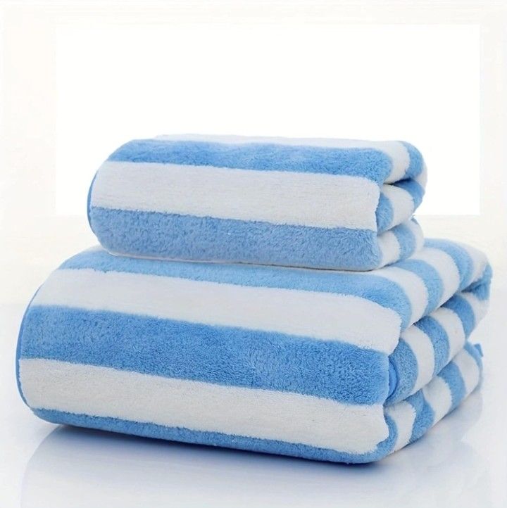 2pcs Strip Pattern Towel & Bath Towel Set, Absorbent Geometric Pattern Oblong Towel, Fast Drying Baby Towel Pastel Colours