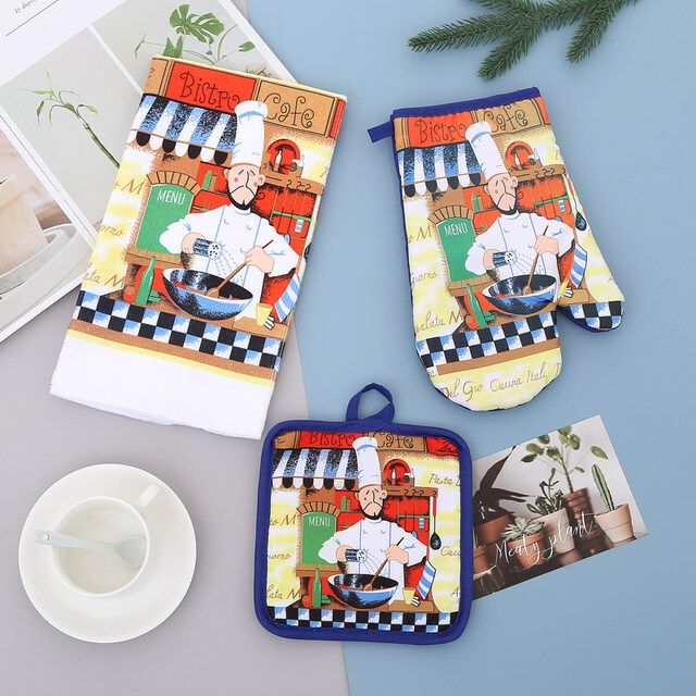 3 Pcs Set Nordic Kitchen Oven Glove + Tea Towel +