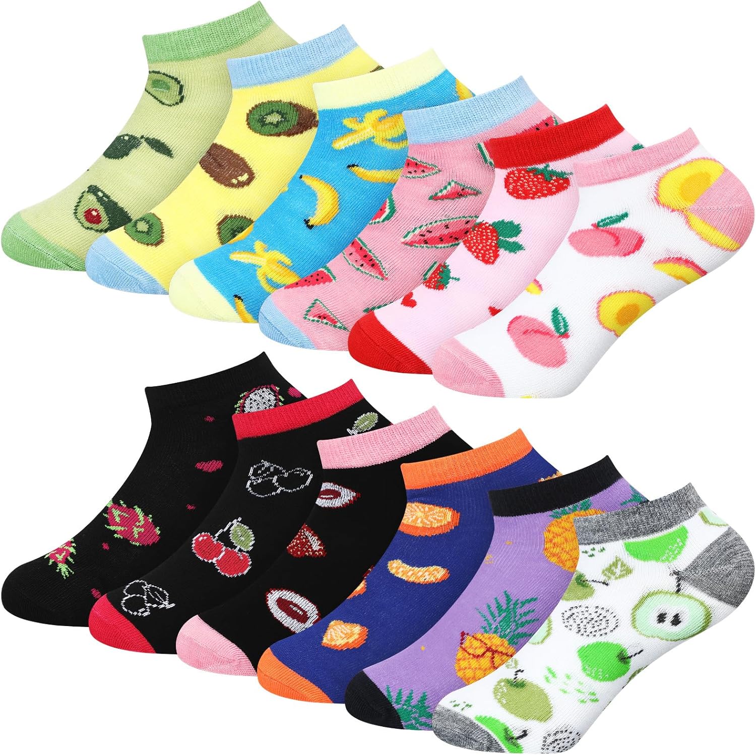 12Pairs Bright Ladies Ankle Socks Neon Casual Happy Socks for Women and Girls Striped Foodie Leaf Dotted Assorted patterns