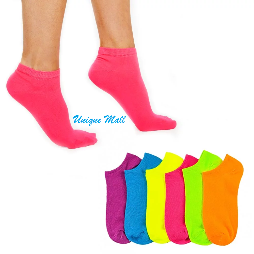 12Pairs Bright Ladies Ankle Socks Neon Casual Happy Socks for Women and Girls Striped Foodie Leaf Dotted Assorted patterns