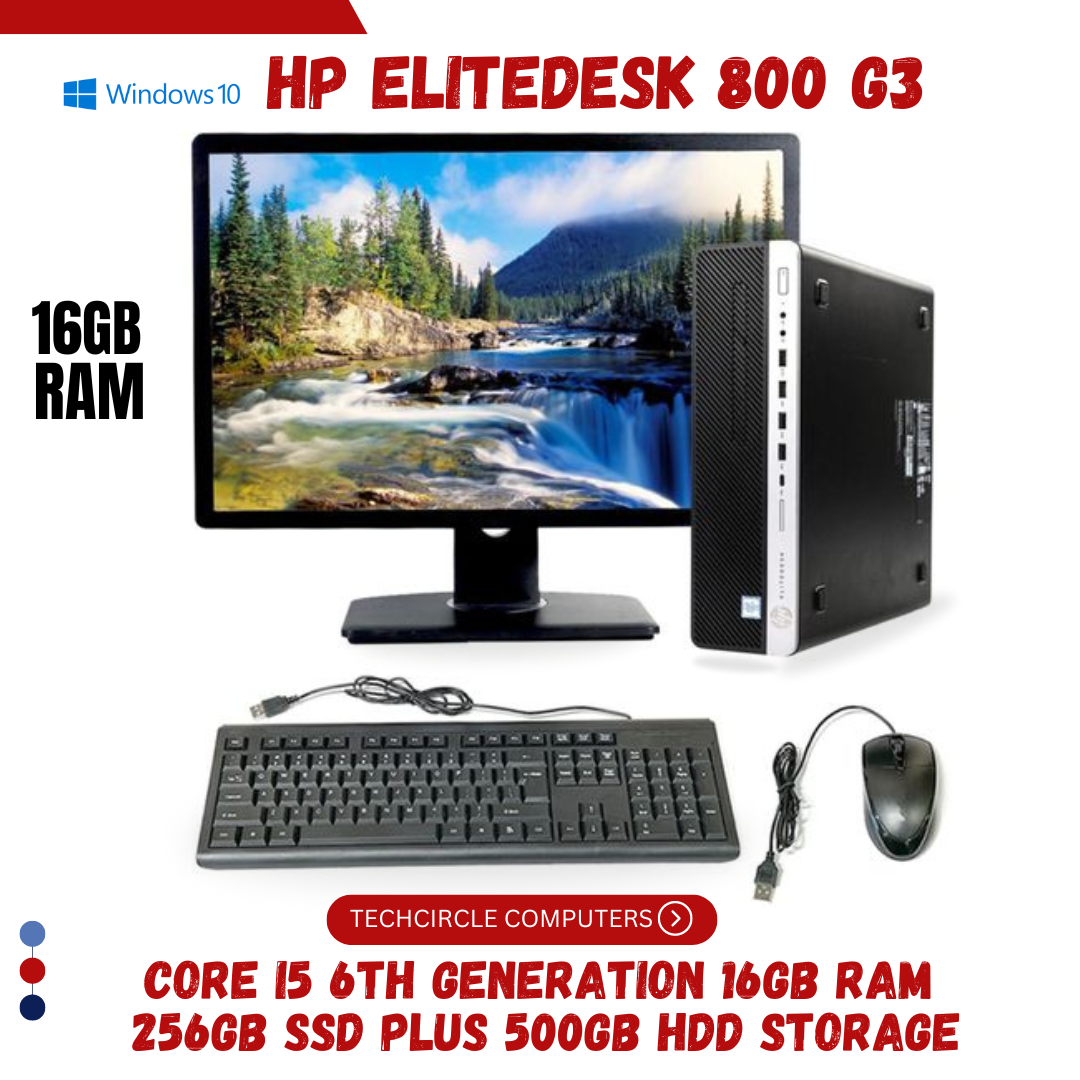 6TH Generation HP EliteDesk 800 G3 Core I5  6th Gen 16GB Ram  256GB SSD Plus 500GB Storage 3.4GHz CPU Speed, 22 Inch Edge to Edge Monitor, SFF Complete Desktop + Keyboard + Mouse