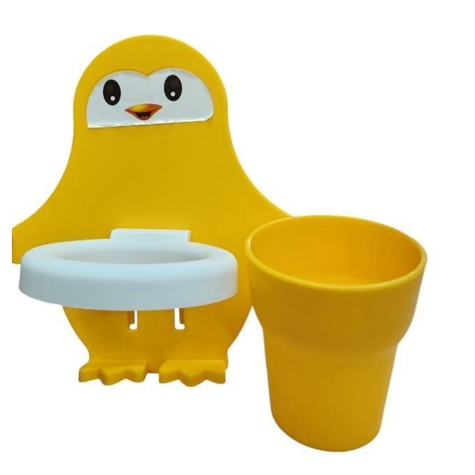 Penguin Toothpaste and Toothbrush Holder with Cup - Adhesive Sticker Mount
