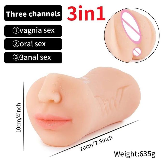3 In 1 Masturbation Cup Masturbator With 3 Channels: Mouth, Vaginal & Anus Rubber Pussie