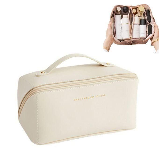 Large-Capacity Travel Makeup Bag Peachloft Cosmetic Bag Waterproof Makeup Organizer Bag for Women Portable Leather Traveling Makeup Bag Toiletry Bag With Handle and Divider, cream white