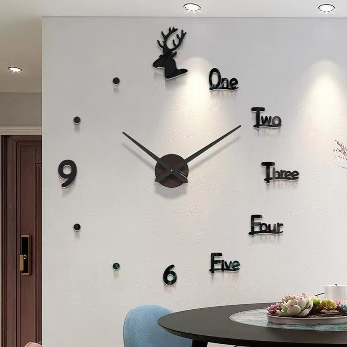 3D Large Roman Numeral Acrylic Mirror Wall Clock Sticker With Deco Deers