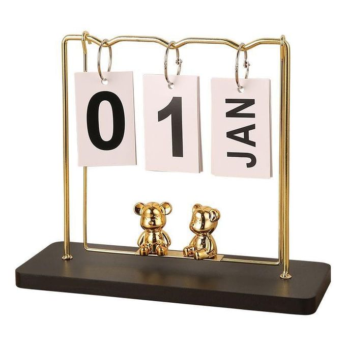 Creative Wood And Iron Perpetual Calender With Bear Pendilum Swing