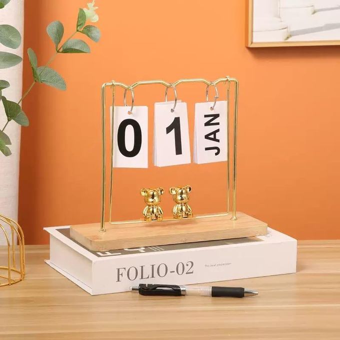 Creative Wood And Iron Perpetual Calender With Bear Pendilum Swing