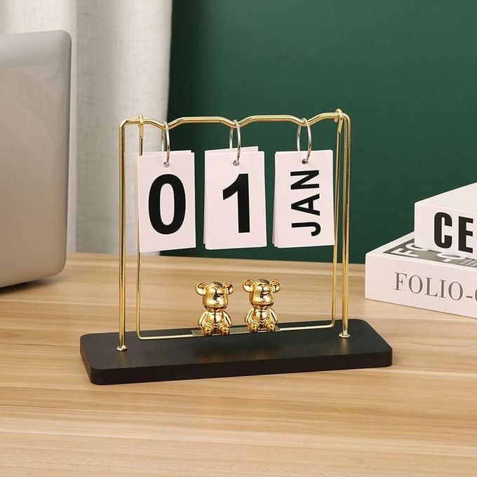 Creative Wood And Iron Perpetual Calender With Bear Pendilum Swing