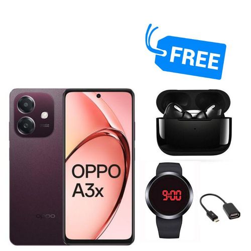 Oppo A3X,6.67" INCHES DISPLAY,(64GB ROM +4GB RAM)5100MAH,DUAL SIM,4G,BUDS,WATCH & OTG CABLE,SPLY"