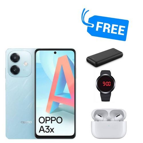 oppo A3X,4GB RAM & 128GB ROM,DUAL SIM,5100MAH,8MP,120HZ,35W,BUDS,WATCH & POWERBANK