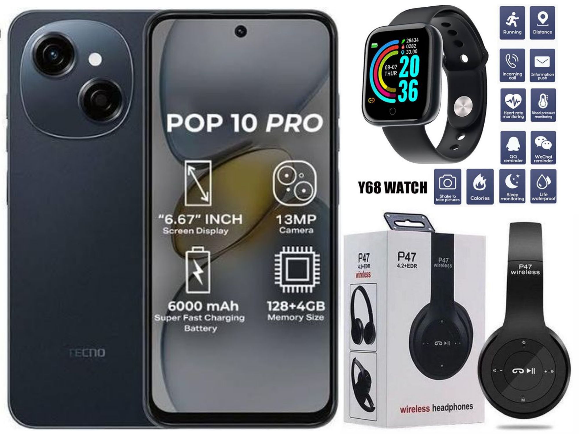 [New Arrivals] TECNO POP 10 Pro 128GB ROM Storage + 8(4+4) GB RAM 6.67" 120Hz Phone Dynamic Port 13MP Dual Speaker 6000mAh 18W Type-C Dual SIM 4G Side Fingerprint IP64 Smart Phones