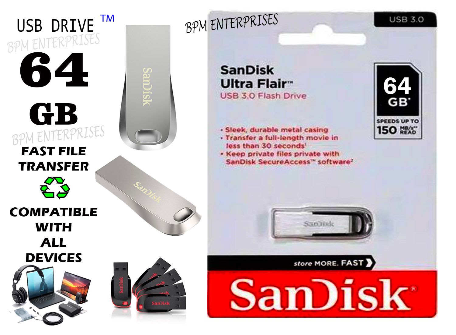 SCANDISK 64GB USB DRIVE (Metalic, Fast file Transfer) 0% damage