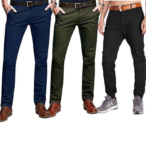 3PCS, Soft Khaki Men's Trouser Slim Fit Official Casual- Navy+Green+Black