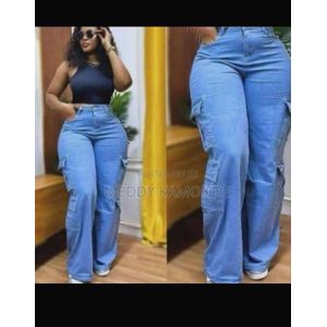 Women High Waist Denim Jeans Trousers Casual Pants Boyfriend Wide Leg Cargo Parachute Baggy Pants (Light Blue)