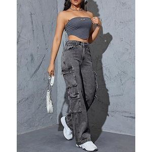 Women High Waist Denim Jeans Trousers Casual Pants Boyfriend Wide Leg Cargo Parachute Baggy Pants (GREY)