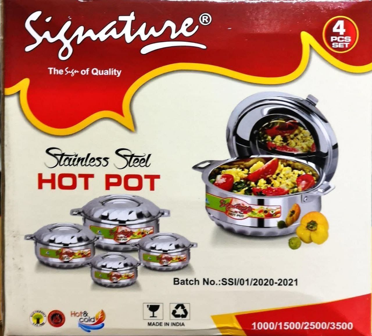 4Pcs  signature Stainless Steel Hotpots Insulated Casserole Hot Pots for Serving Food and Keep Food Hot Serveware Dish Set SIZE 1000,1500,2500,3500ML