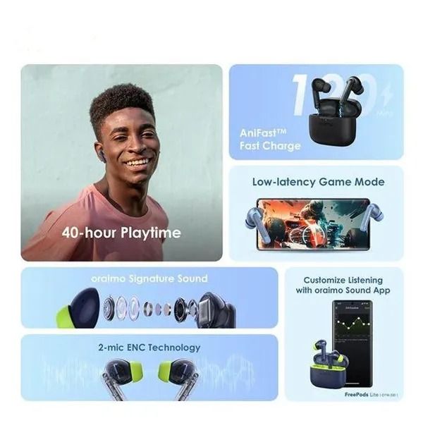 oraimo FreePods Lite ENC True Wireless Earbuds 40-Hr Long Playtime BT Version: V5.3 Oraimo Bluetooth Earphones
