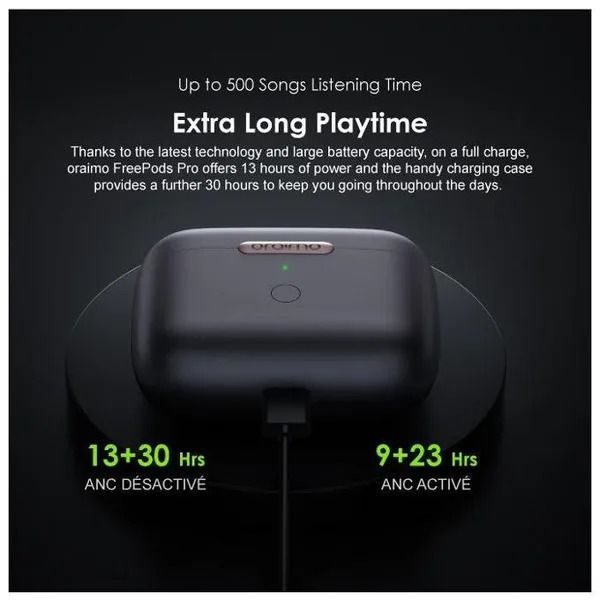 oraimo FreePods Pro+ Hybrid ANC True Wireless Earbuds with Active Noise Cancellation Playtime: Up to 13 hours; Case provides additional 30 hours (ANC OFF)
