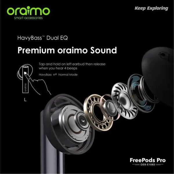 oraimo FreePods Pro+ Hybrid ANC True Wireless Earbuds with Active Noise Cancellation Playtime: Up to 13 hours; Case provides additional 30 hours (ANC OFF)