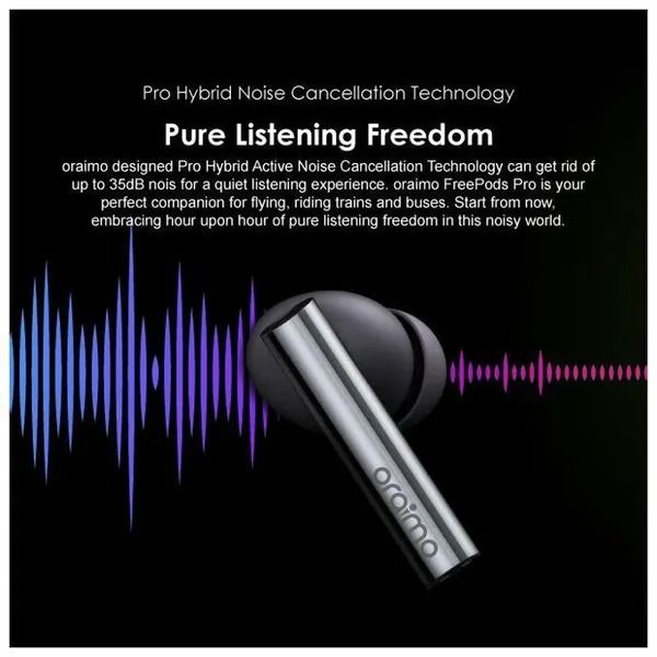 oraimo FreePods Pro+ Hybrid ANC True Wireless Earbuds with Active Noise Cancellation Playtime: Up to 13 hours; Case provides additional 30 hours (ANC OFF)