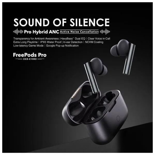 oraimo FreePods Pro+ Hybrid ANC True Wireless Earbuds with Active Noise Cancellation Playtime: Up to 13 hours; Case provides additional 30 hours (ANC OFF)