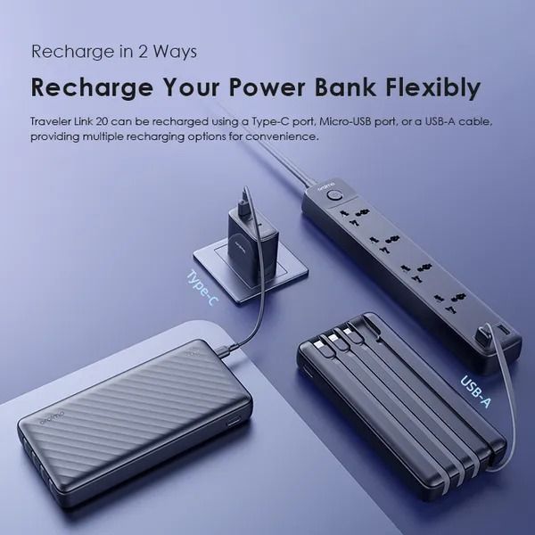 oraimo Traveler Link 20 20000mAh 12W Power Bank Oraimo 20000 mah Powerbank With Type C, iPhone and Micro USB Charging Options Type C Powerbank iPhone Compatible Powerbank