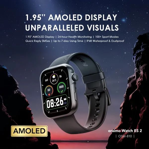 oraimo Watch ES 2 1.95″ AMOLED IP68 Smart Watch 1.95'' AMOLED Display  7 Days Battery Life Bluetooth Call Normal Using Time: 7 days