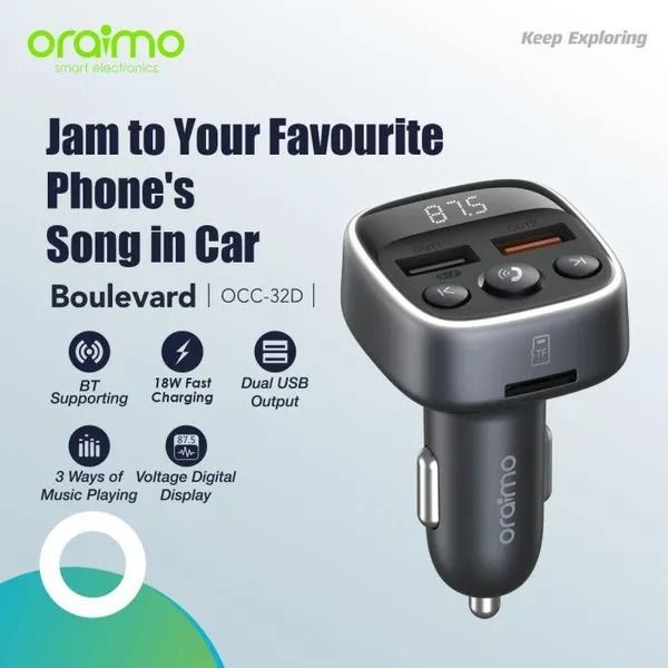 oraimo Boulevard 18W Car Charger 18W Fast Charging BT Supporting 3 Ways of Music Playing Dual USB Output