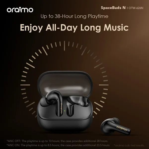 oraimo SpaceBuds N ANC True Wireless Earbuds  38-Hr Long Playtime  Active Noise Cancellation Up to 8.5 hours; the case provides additional 23.5 hours. (ANC ON)