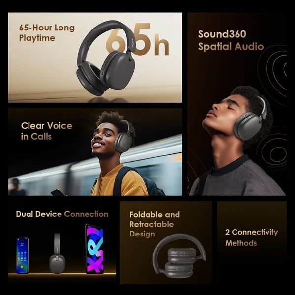 oraimo BoomPop Lite ENC Over-Ear Wireless Headphones 60-Hour Long Playtime  Charge 10 Mins, Play 600 Mins Freely Switch Between Gaming and Calls Sound360 Spatial Audio
